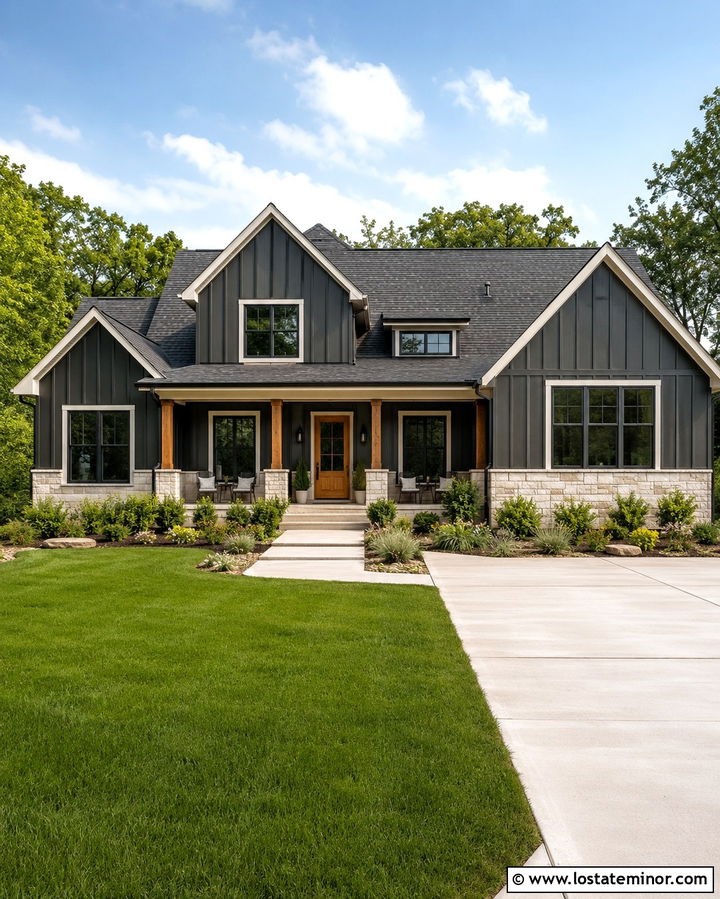 Soft Black Farmhouse With Charcoal Roof Shingles - 30 Soft Black House Design With Shingles Ideas