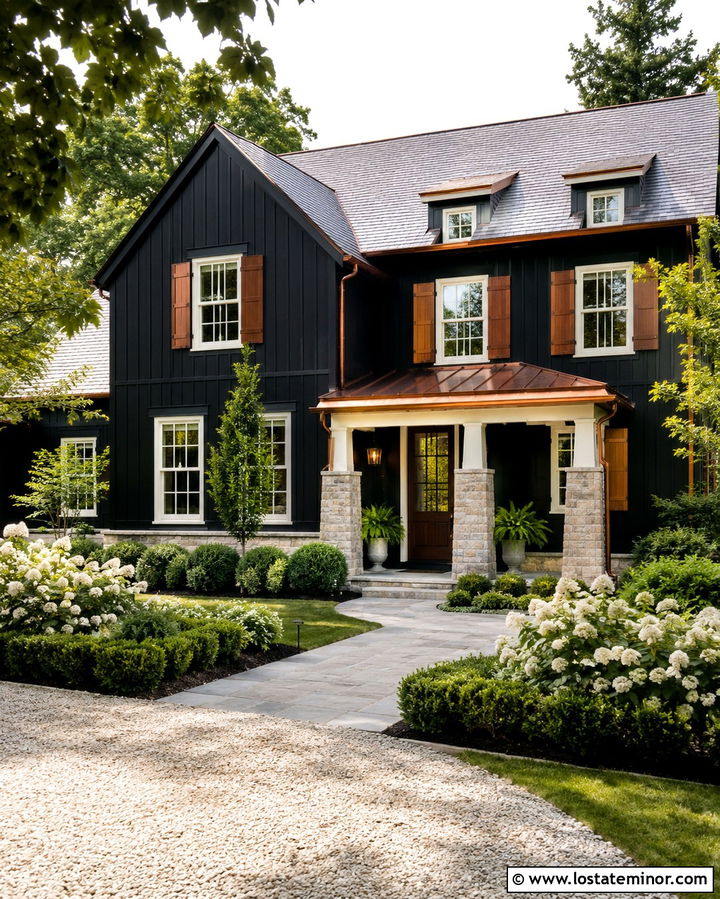 Soft Black Farmhouse With Copper Shutters - 30 Soft Black House Design With Shutters Ideas