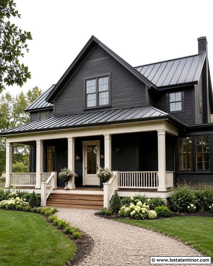 Soft Black Farmhouse With Cream Storm Door - 30 Soft Black House Design With Storm Door Ideas