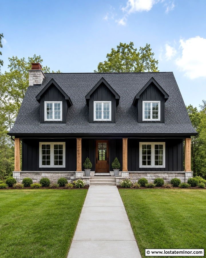 Soft Black Farmhouse With Gable Dormers - 30 Soft Black House Design With Dormers Ideas