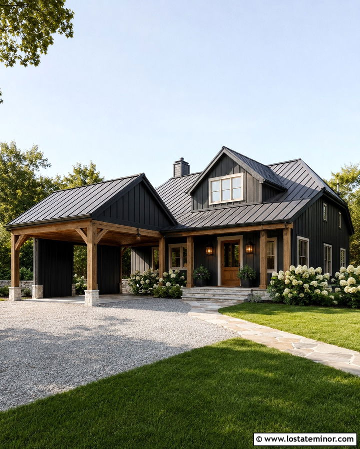 Soft Black Farmhouse With Gabled Carport - 30 Soft Black House Design With Carport Ideas