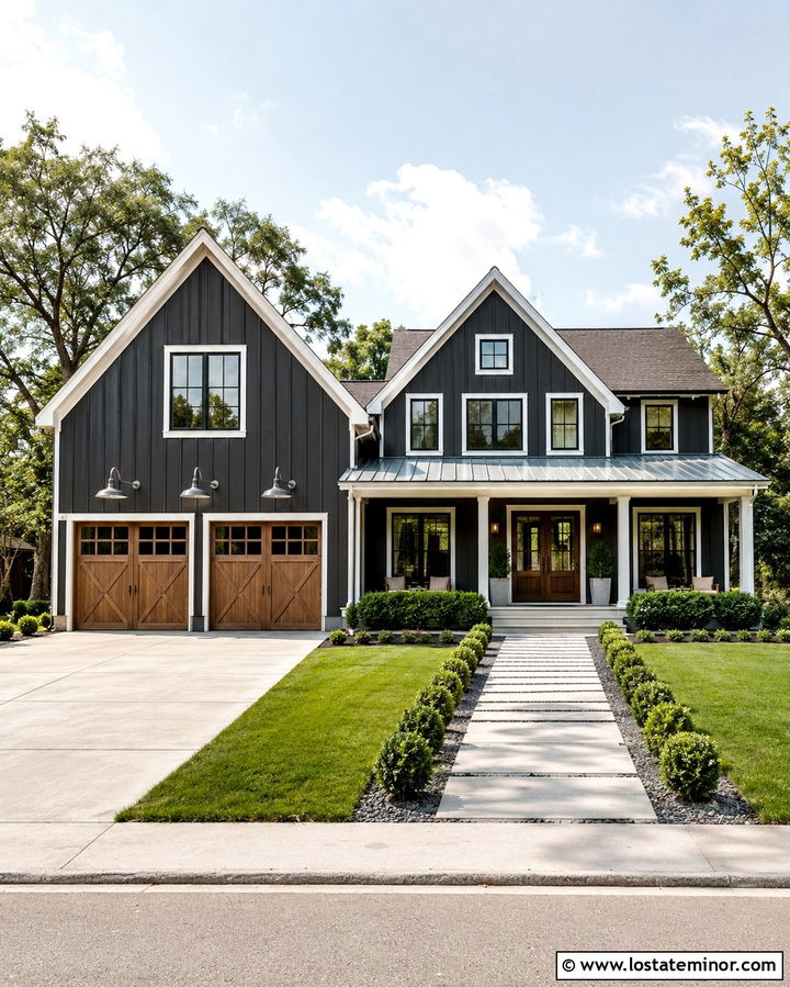 Soft Black Farmhouse With Gooseneck Garage Lights - 30 Soft Black House Design With Lighting Ideas