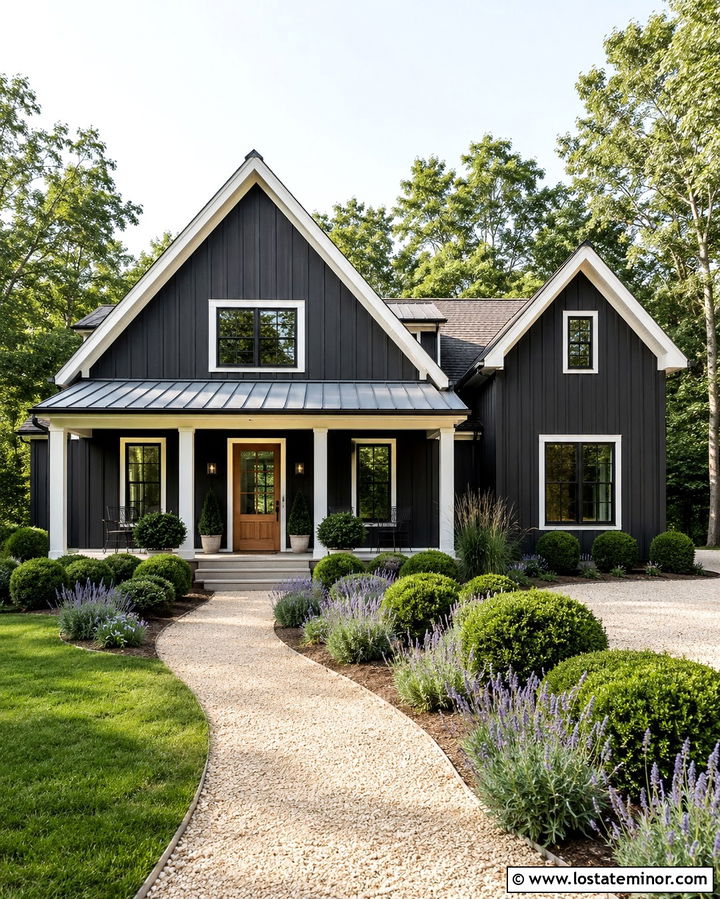 Soft Black Farmhouse With Gravel Walkway - 30 Soft Black House Design With Walkway Ideas