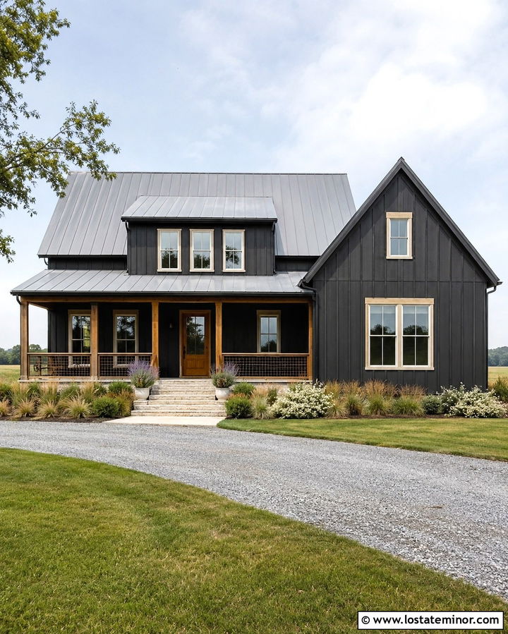 Soft Black Farmhouse With Hog Wire Railings - 30 Soft Black House Design With Railings Ideas