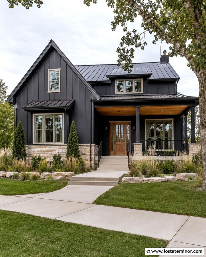 Soft Black Farmhouse With Natural Oak Front Door - 30 Soft Black House Design With Front Door Ideas