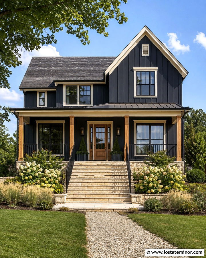 Soft Black Farmhouse With Natural Stone Steps - 30 Soft Black House Design With Steps Ideas