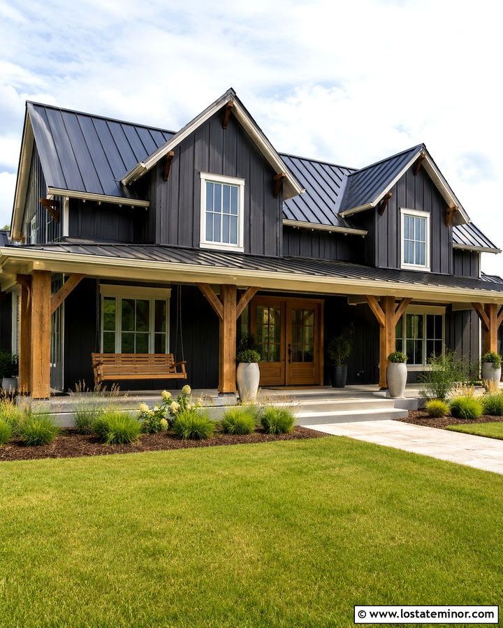 Soft Black Farmhouse With Natural Wood Porch Swing - 30 Soft Black House Design With Swing Ideas