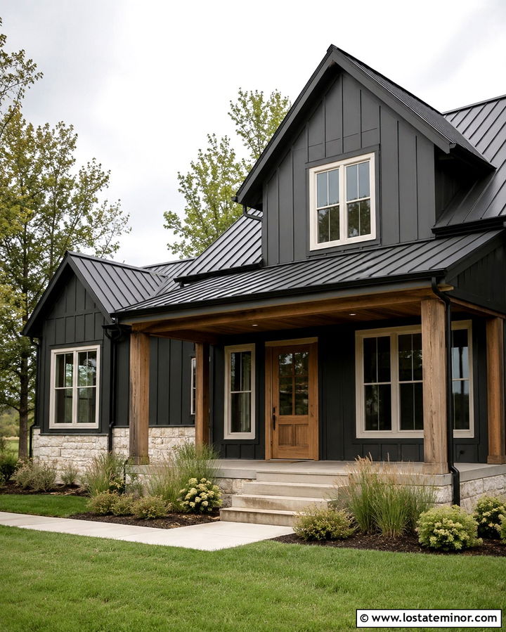 Soft Black Farmhouse With Natural Wood Screen Door - 30 Soft Black House Design With Screen Door Ideas