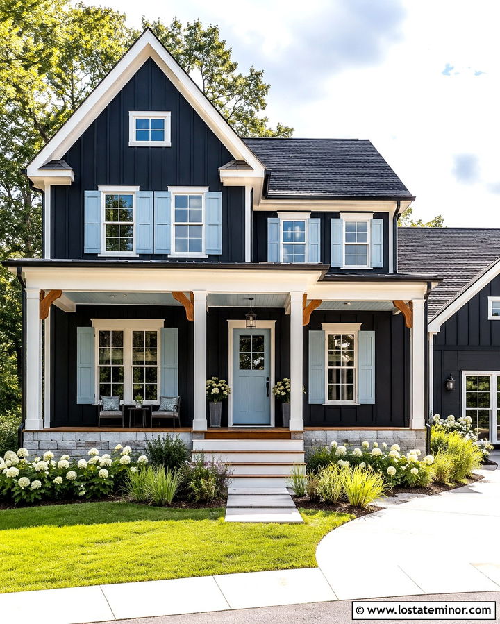 Soft Black Farmhouse With Pale Blue Shutters - 30 Soft Black House Design With Shutters Ideas