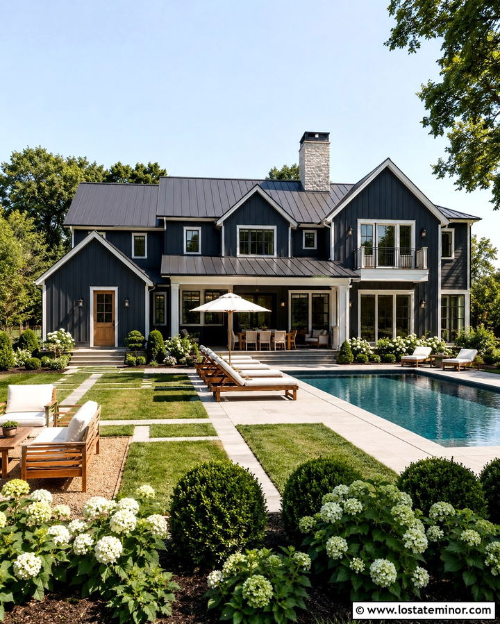Soft Black Farmhouse With Rectangular Pool - 30 Soft Black House Design With Swimming Pool Ideas