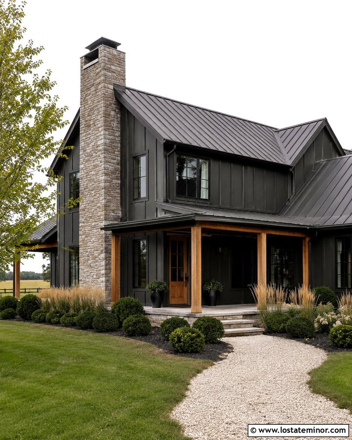 Soft Black Farmhouse With Stone Chimney - 30 Soft Black House Design With Chimney Ideas