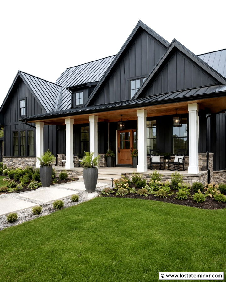 Soft Black Farmhouse With Warm White Trim - 30 Soft Black House Design With Trim Ideas
