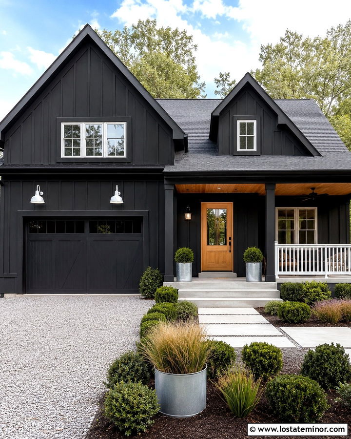 Soft Black Farmhouse With White Enamel Lights - 30 Soft Black House Design With Light Fixtures Ideas