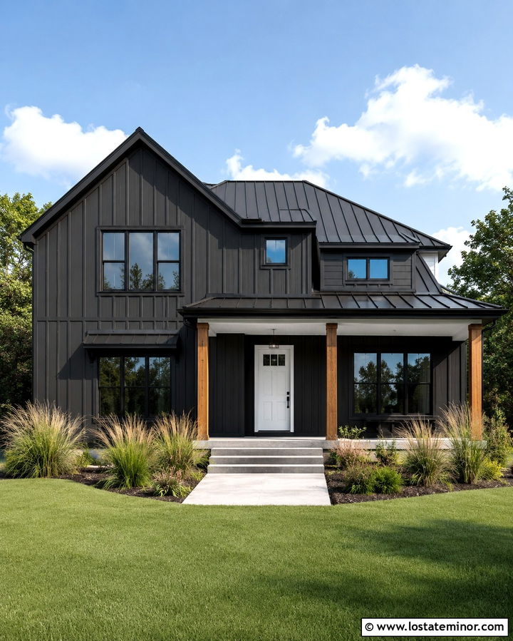 Soft Black Farmhouse With White Entry Door - 30 Soft Black House Design With Entry Door Ideas