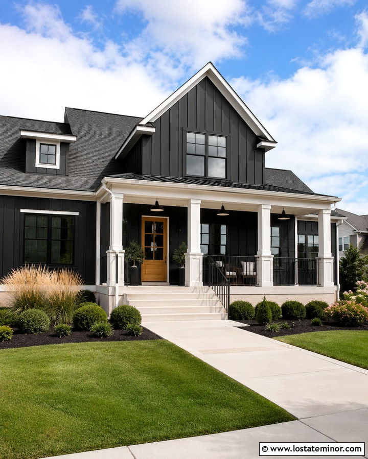 Soft Black Farmhouse With White Square Columns - 30 Soft Black House Design With Porch Columns Ideas