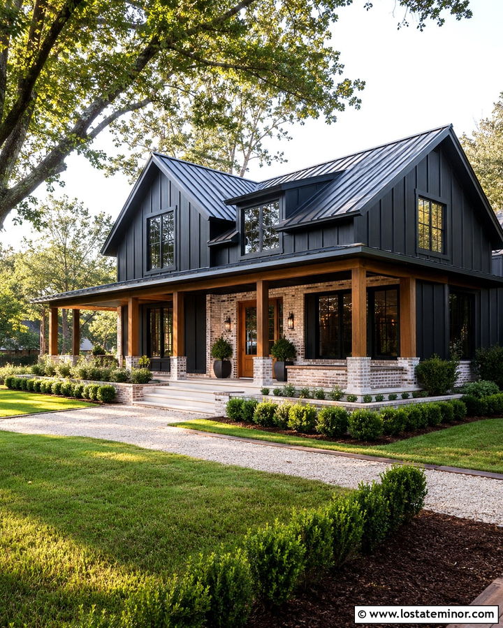 Soft Black Farmhouse With Whitewashed Brick - 30 Soft Black House Design With Brick Accents Ideas