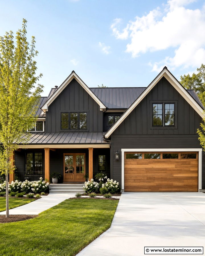 Soft Black Farmhouse With Wood Garage Door - 30 Soft Black House Design With Garage Door Ideas