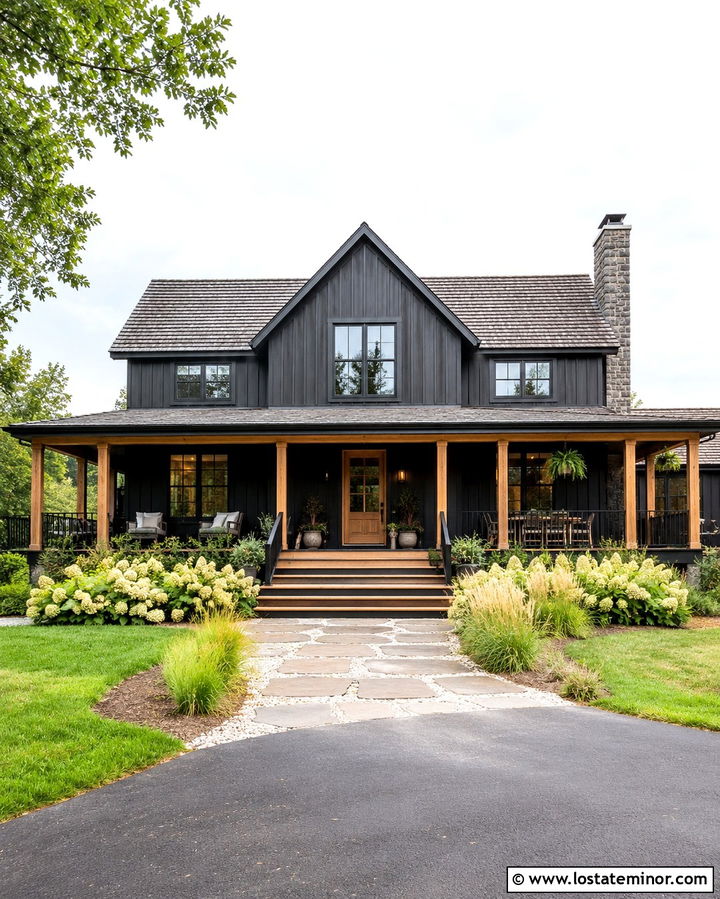 Soft Black Farmhouse With Wraparound Porch Steps - 30 Soft Black House Design With Steps Ideas