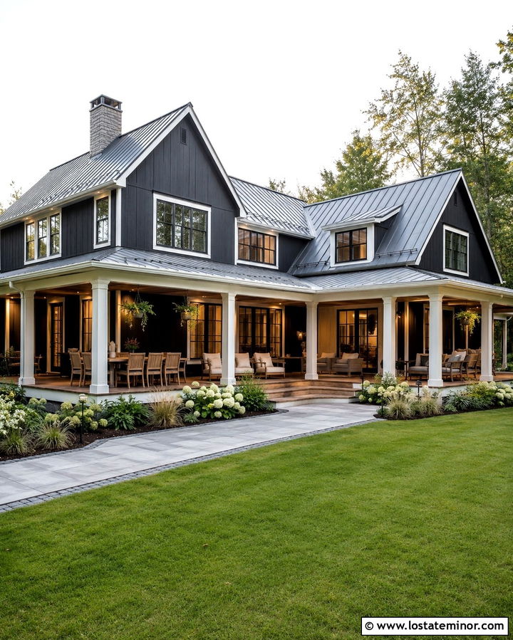 Soft Black Farmhouse With Wraparound Porch - 30 Soft Black House Design With Backyard Ideas