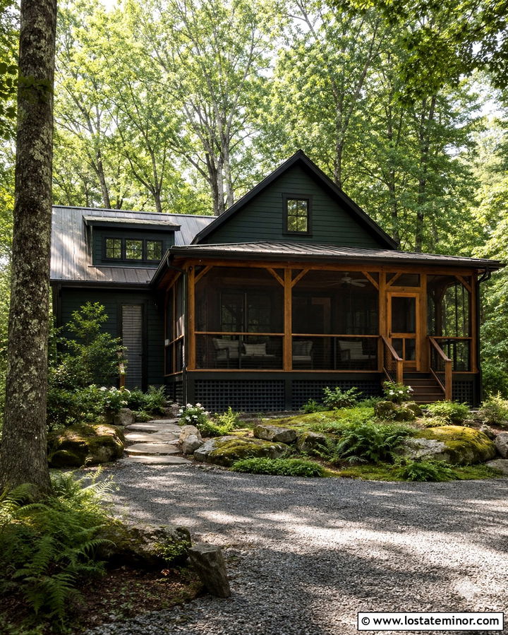 Soft Black Forest House With Screened Deck - 30 Soft Black House Design With Deck Ideas