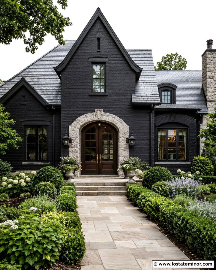 Soft Black French Country House With Double Walnut Doors - 30 Soft Black House Design With Front Door Ideas