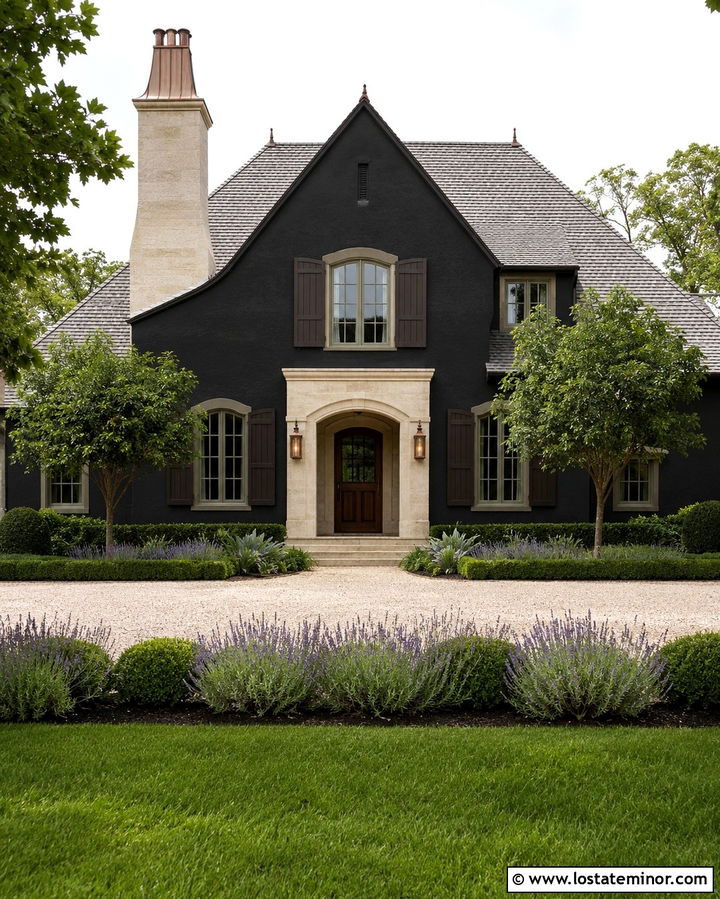 Soft Black French Country House With Limestone Chimney - 30 Soft Black House Design With Chimney Ideas