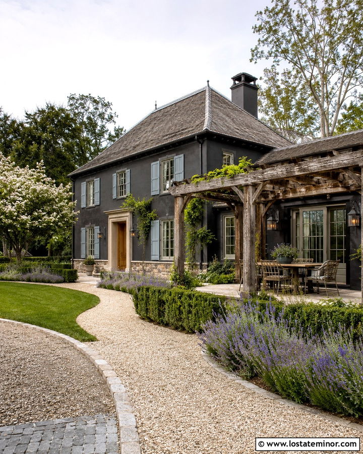 Soft Black French Country House With Rustic Pergola - 30 Soft Black House Design With Pergola Ideas