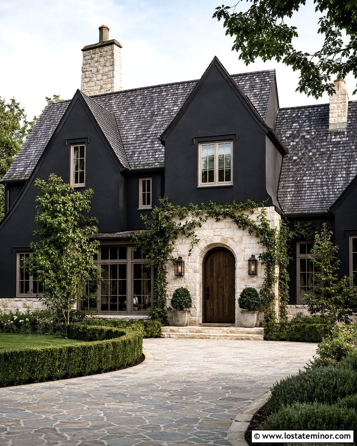Soft Black French Country House With Stone - 30 Soft Black House Design With Stone Accents Ideas