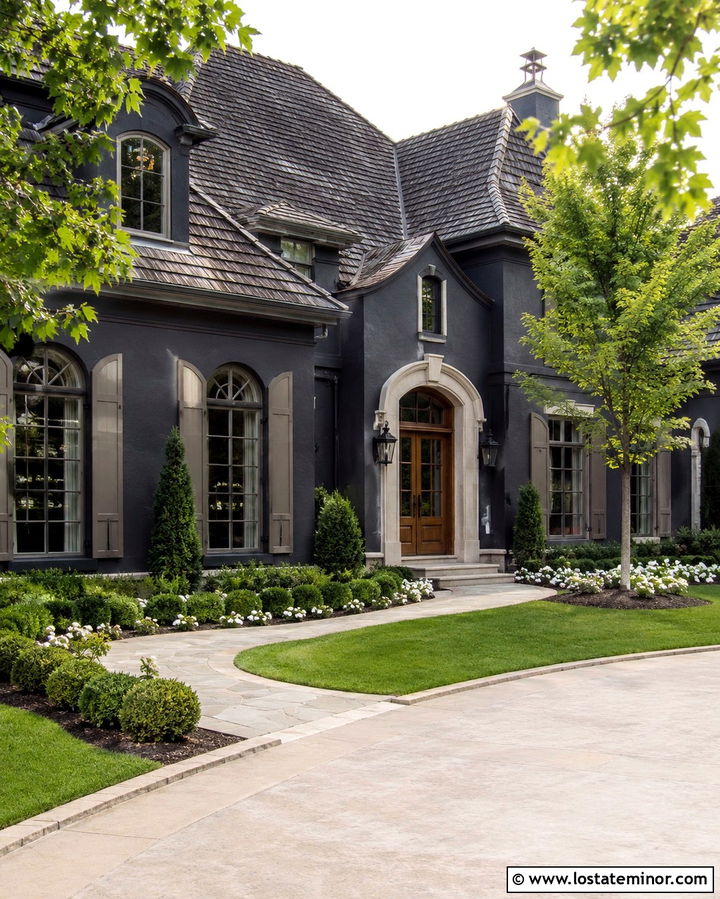 Soft Black French Country House With Taupe Shutters - 30 Soft Black House Design With Shutters Ideas