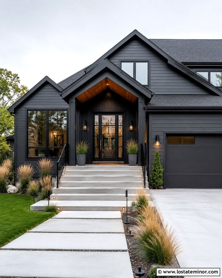 Soft Black Gabled House With A Glass Front Door - 30 Soft Black House Design With Gables Ideas