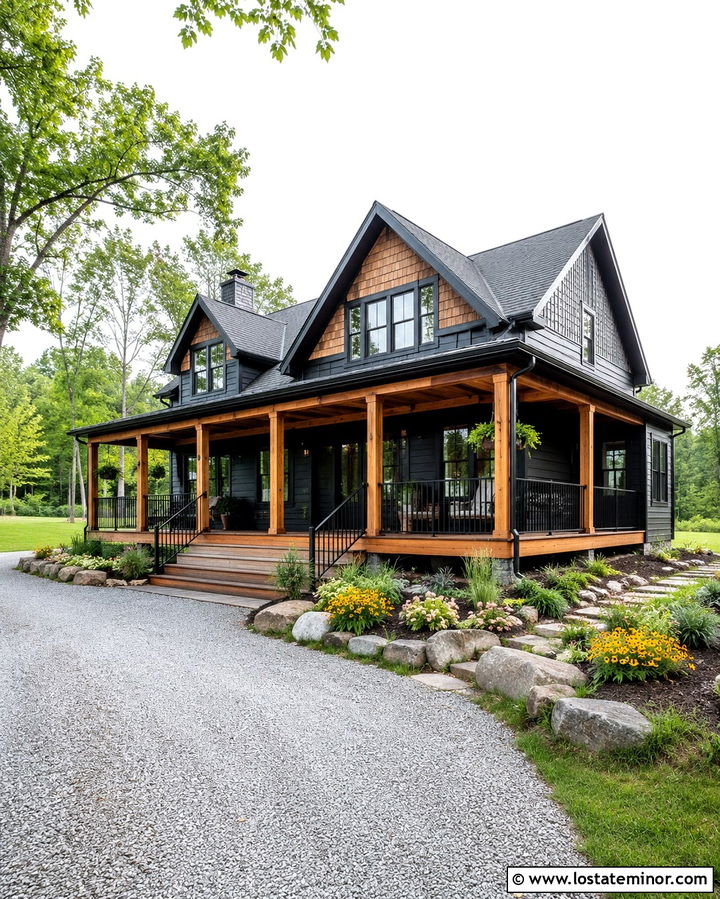 Soft Black Gabled House With A Wood Porch - 30 Soft Black House Design With Gables Ideas