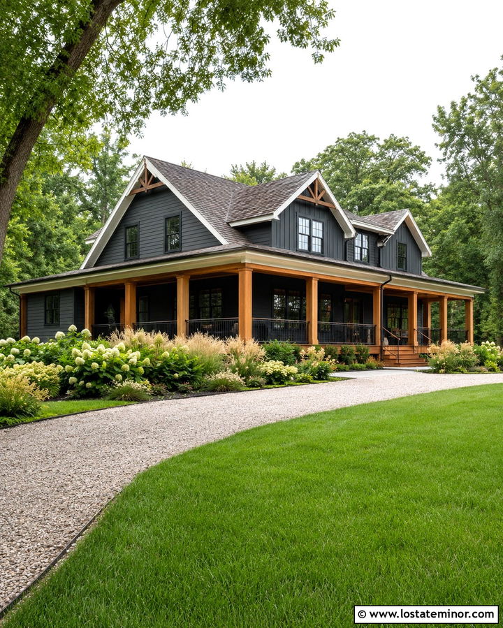 Soft Black Gabled House With A Wraparound Porch - 30 Soft Black House Design With Gables Ideas