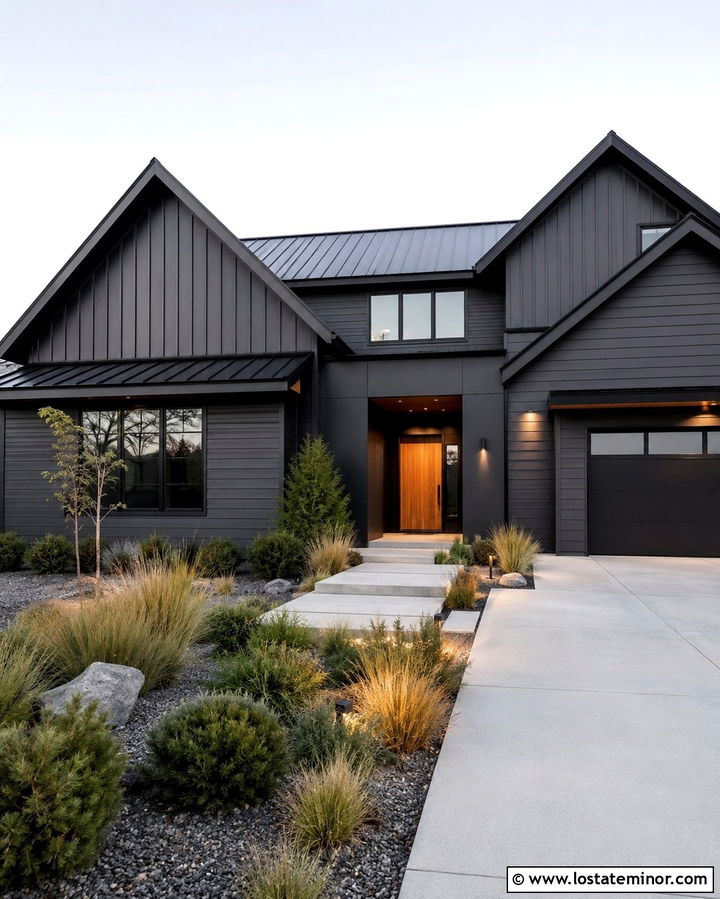 Soft Black Gabled House With Mixed Siding - 30 Soft Black House Design With Gables Ideas