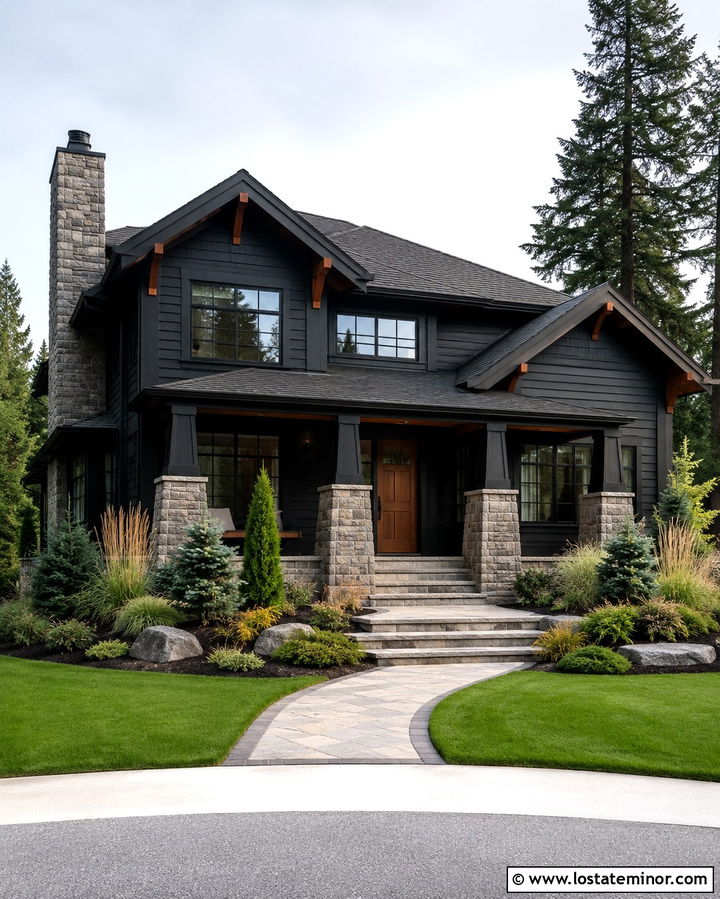 Soft Black Gabled House With Stone Accents - 30 Soft Black House Design With Gables Ideas