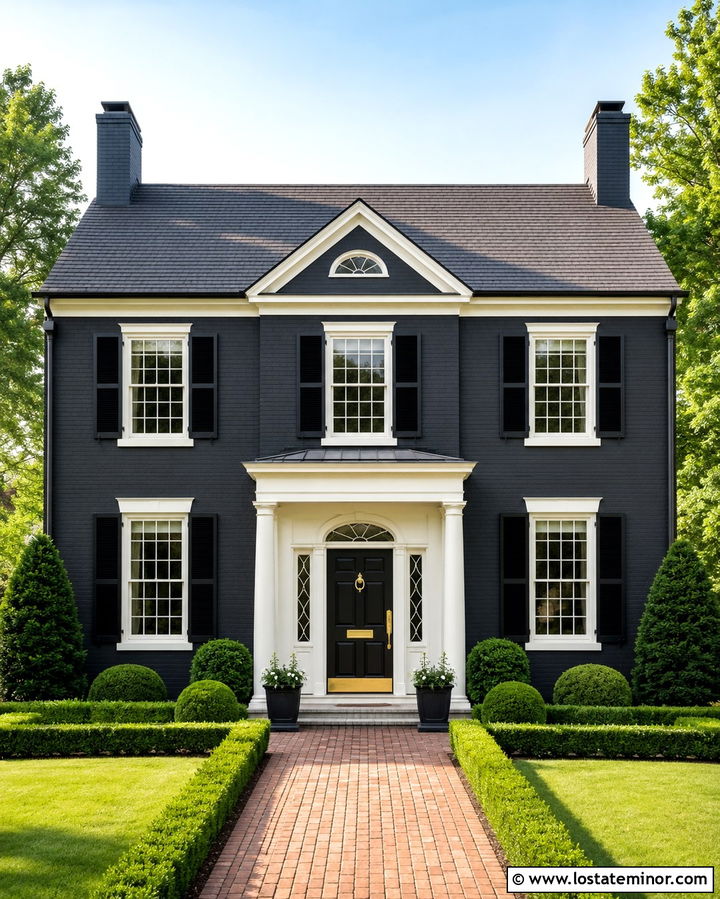Soft Black Georgian House With Brass Detail Door - 30 Soft Black House Design With Entry Door Ideas