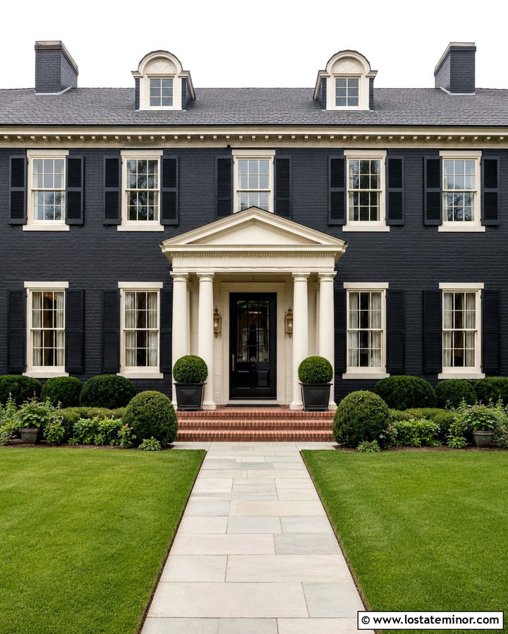 Soft Black Georgian House With Brass Storm Door Hardware - 30 Soft Black House Design With Storm Door Ideas