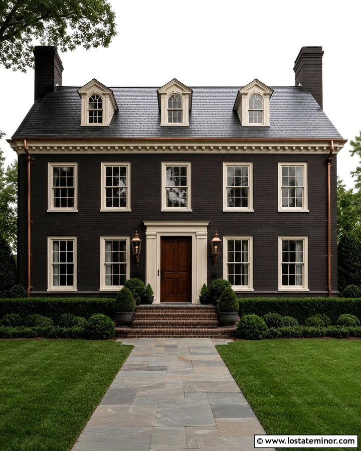 Soft Black Georgian House With Copper Lanterns - 30 Soft Black House Design With Light Fixtures Ideas