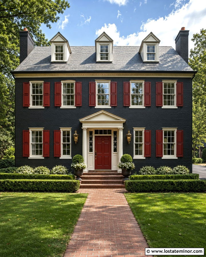 Soft Black Georgian House With Red Shutters - 30 Soft Black House Design With Shutters Ideas