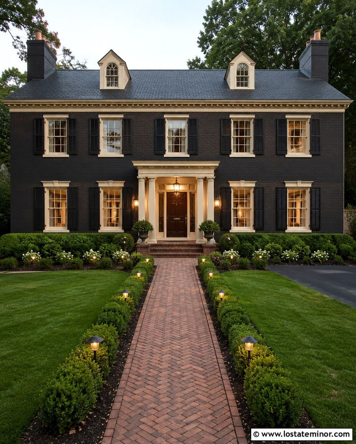 Soft Black Georgian House With Symmetrical Lanterns - 30 Soft Black House Design With Lighting Ideas