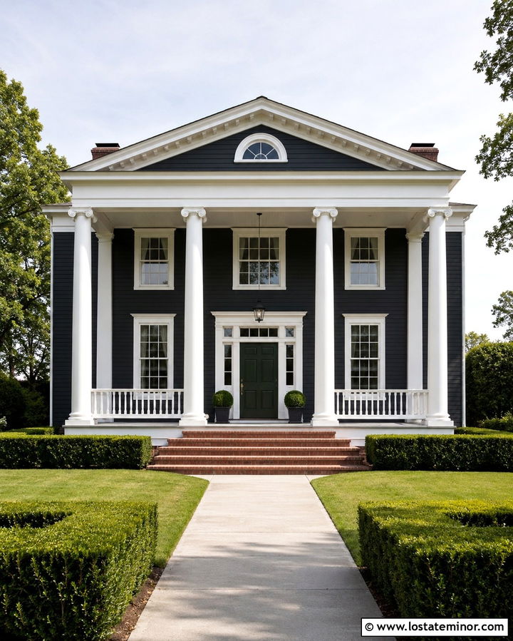 Soft Black Greek Revival House With White Railings - 30 Soft Black House Design With Railings Ideas