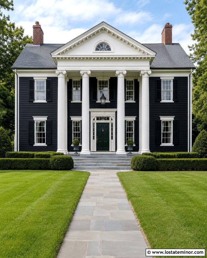 Soft Black Greek Revival With Pediment Portico - 30 Soft Black House Design With Portico Ideas