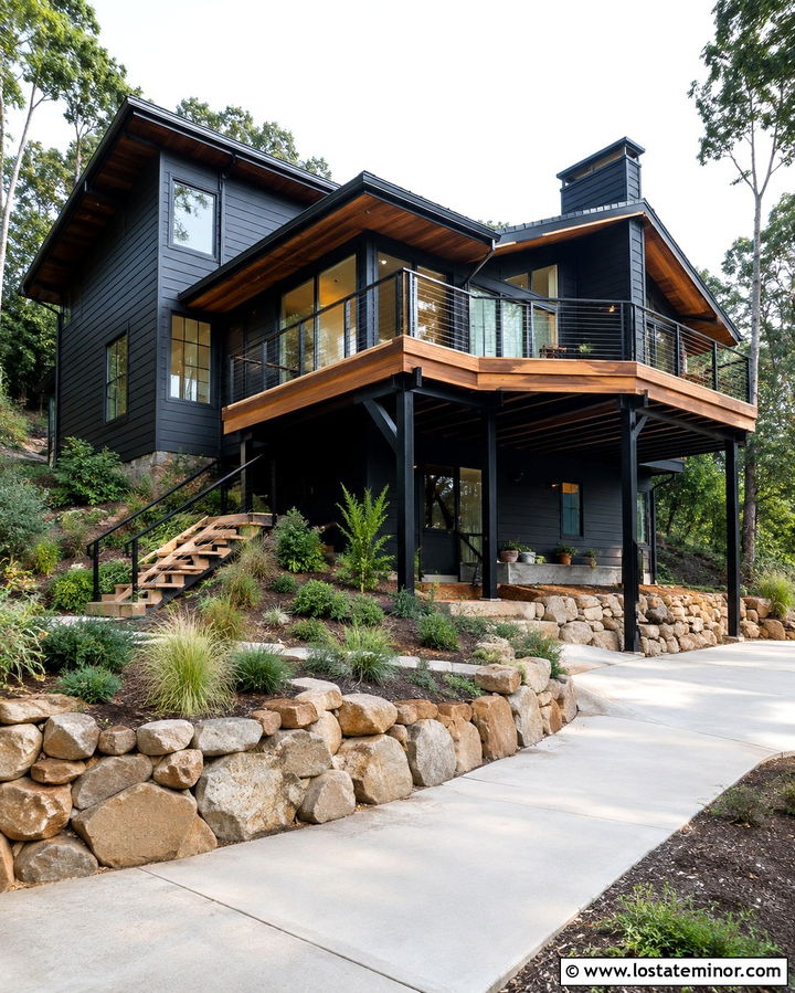 Soft Black Hillside House With Tiered Deck - 30 Soft Black House Design With Deck Ideas