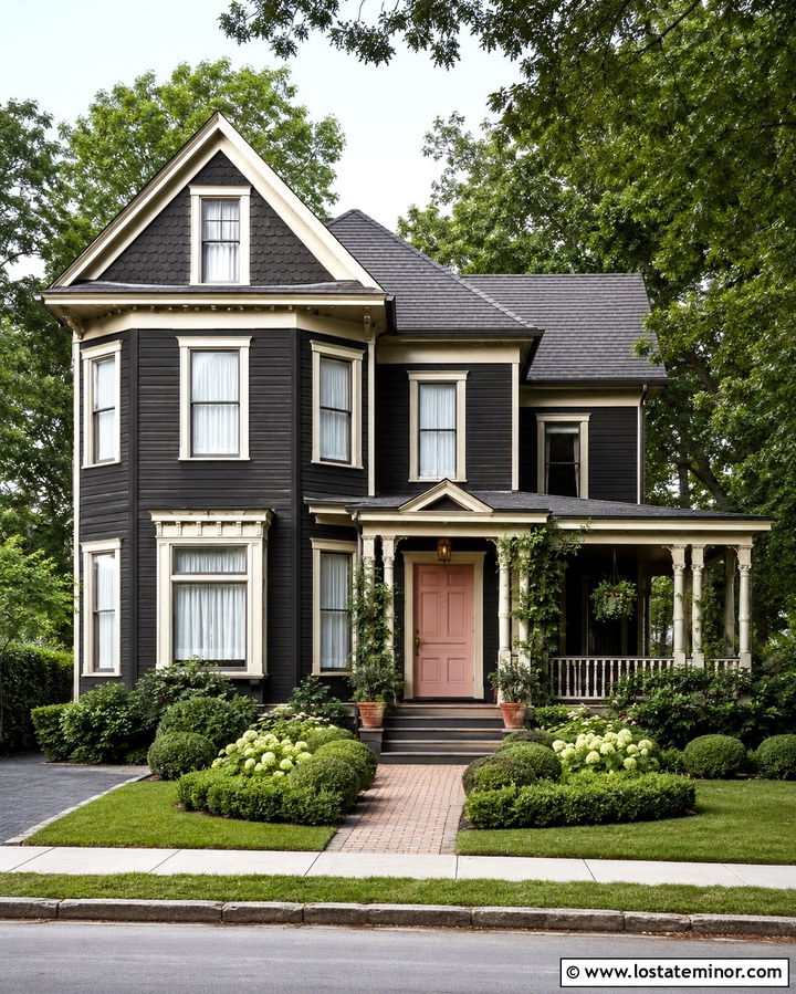 Soft Black House With A Blush Front Door - 30 Soft Black House Design With Accents Ideas