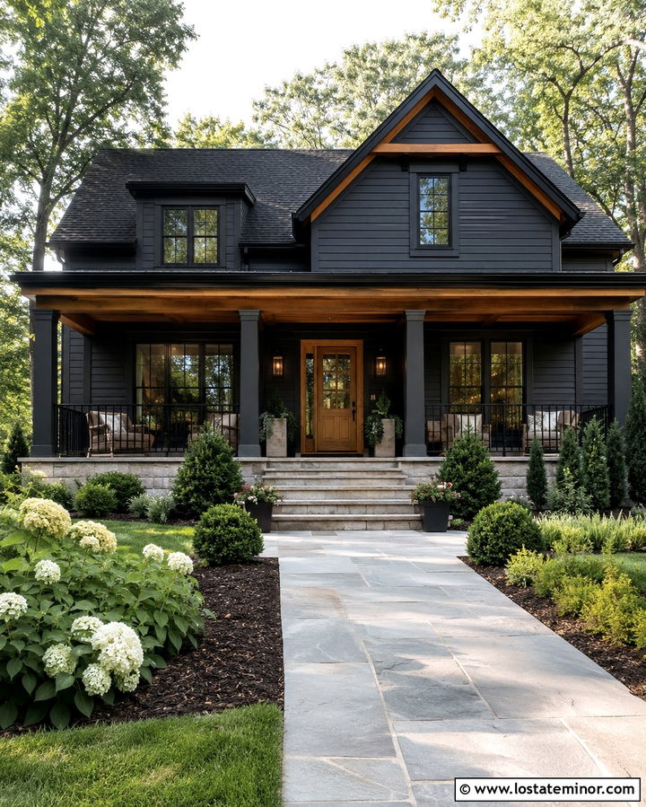 Soft Black House With A Covered Front Porch - 30 Soft Black House Design With Window Frames Ideas