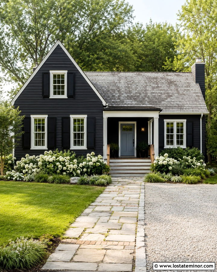 Soft Black House With A Dusty Blue Door - 30 Soft Black House Design With Accents Ideas