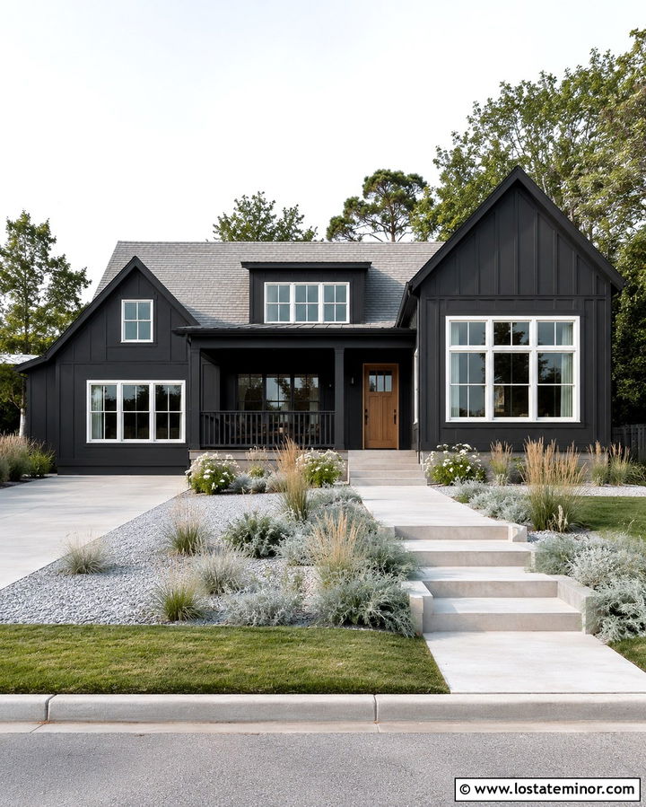 Soft Black House With A Light Gray Roof - 30 Soft Black House Design With Accents Ideas