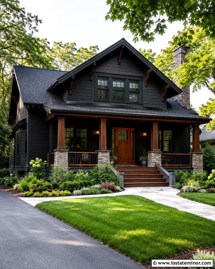 Soft Black House With A Mahogany Porch - 30 Soft Black House Design With Accents Ideas