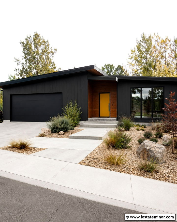 Soft Black House With A Mustard Door - 30 Soft Black House Design With Accents Ideas