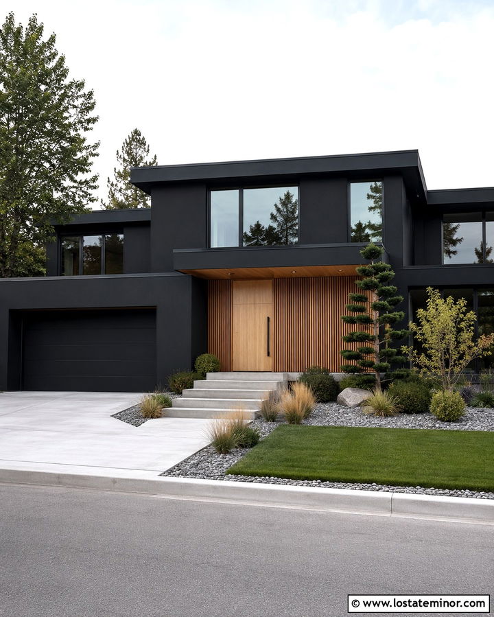 Soft Black House With A Natural Oak Door - 30 Soft Black House Design With Accents Ideas