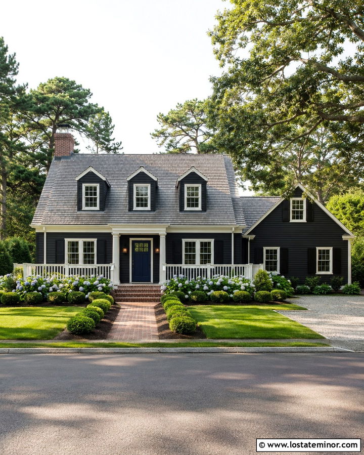 Soft Black House With A Navy Front Door - 30 Soft Black House Design With Accents Ideas